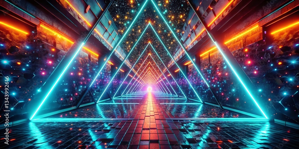 Poster futuristic neon triangle tunnel with square particles: abstract digital technology stock photo