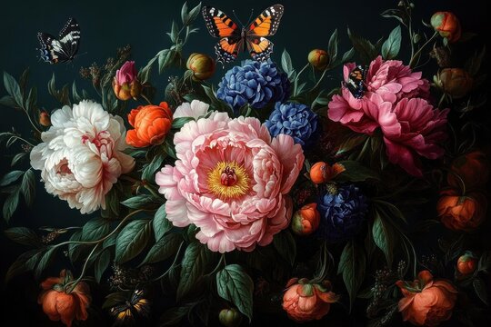 Surreal Baroque Floral Illustration Vibrant Peonies Butterflies Dark Background Chiaroscuro Lighting Vintage Style