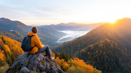 Fototapeta premium person enjoys scenic mountain view at sunrise
