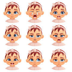 Cute baby girl with different facial expressions and emotions set. Cartoon illustration isolated on white.