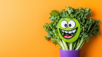 Funny vegetable face, kale with happy emoticon.