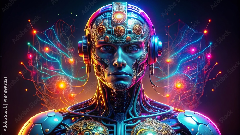 Poster futuristic robot with glowing circuits on dark background - ai concept stock photo