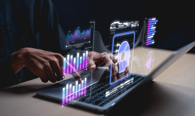 A person interacts with a futuristic interface displaying data and graphics related to artificial intelligence and analytics.