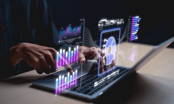 A person interacts with a futuristic interface displaying data and graphics related to artificial intelligence and analytics.