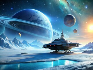 Naklejka premium Futuristic Spaceship on Icy Planet with Two Moons - Sci-Fi Space Exploration Concept Art