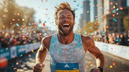 Triumphant Marathon Runner Crosses Finish Line Celebrating Victory with Confetti