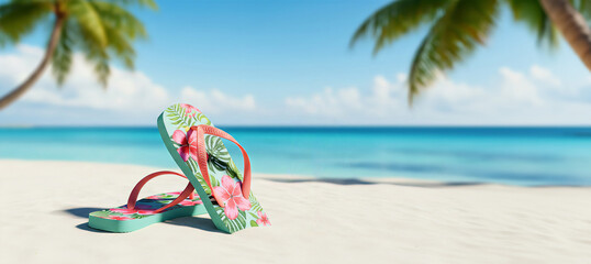 Obraz premium Hibiscus Print Sandals at Tropical Beach