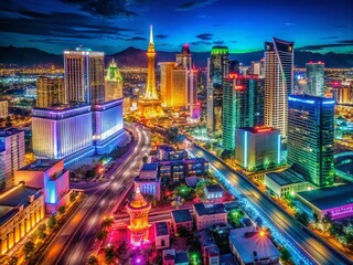 Obraz premium Futuristic Vegas Nightscape: Neon Skyline & City Lights, Copy Space Right