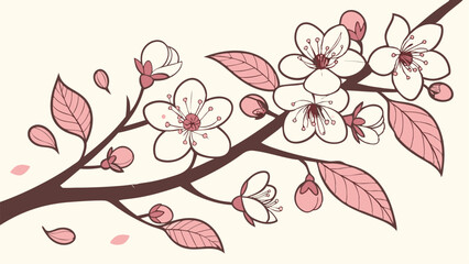 Set of cherry blossom branches with beautiful flowers and buds in black on white background. Hand drawn vector sketch illustration in doodle engraved vintage line art style. Floral botanical
