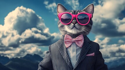 A sophisticated cat in a pinstripe suit and pink sunglasses, basking in the sun against a dramatic mountain backdrop with fluffy clouds.