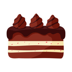 A chocolate cake with three chocolate frosting swirls on top. The cake is decorated with chocolate sprinkles and has a white filling
