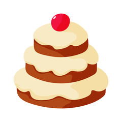 A white cake with a red cherry on top. The cake is three layers and looks delicious. The cherry is placed on top of the cake, adding a pop of color and a touch of sweetness