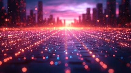Futuristic city street at dawn with glowing particles