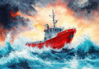 Red Ship in Stormy Ocean Waves with Dramatic Sky and Ethereal Light