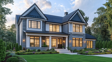 Obraz premium Beautiful gray stone and siding suburban home exterior at dusk with landscaping