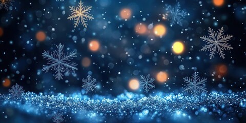Fototapeta premium Magical Sparkling Winter Night Scene with Shimmering Snowflakes and Soft Bokeh Lights