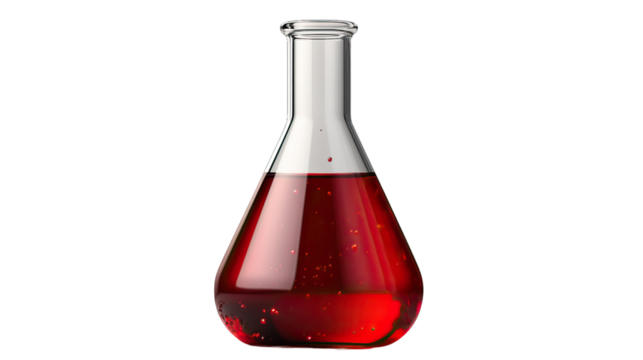 Chemistry Lab Flask: A transparent laboratory flask, filled with a vibrant red liquid, sits isolated, embodying the essence of scientific experimentation and discovery.