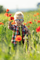 Little child in nature. Cute little fry in the meadow. Summer seasonal outdoor activities for...