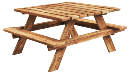 PNG Wooden picnic table with attached benches