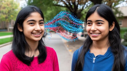 Two smiling girls communicating with abstract digital data flow