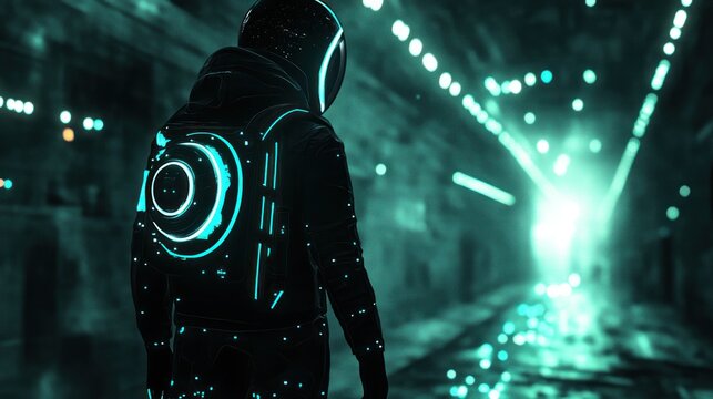 Futuristic astronaut exploring a dark tunnel lit by glowing turquoise light.