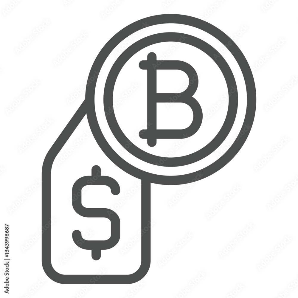 Poster bitcoin and dollar price tag line icon, finance concept. vector graphics. dollar badge with coin sig