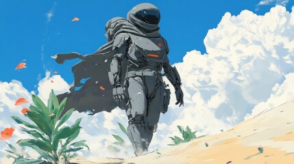 Futuristic astronaut figure walking on a sandy landscape, wearing a dark gray spacesuit and cape, amid a bright blue sky with puffy clouds.