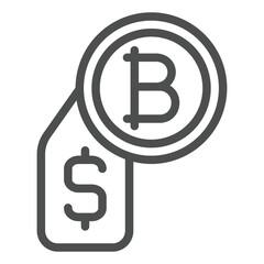 Bitcoin and dollar price tag line icon, finance concept. Vector graphics. Dollar badge with coin sign on white background, outline style icon for mobile or web design.
