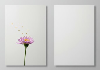 Aster flower with falling seeds for greeting card. Floral design with copy space and calm background, blank canvas for wedding invitation and mother's day