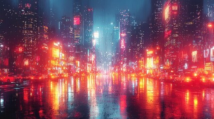 Vibrant cityscape at night with neon lights reflecting on wet streets