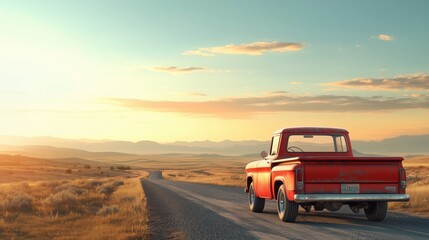 Obraz premium Red pickup truck driving on a dirt road at sunset in the american west