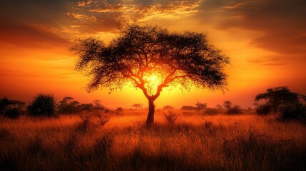 African savanna sunset, lone tree silhouette, fiery sky, wildlife background, travel