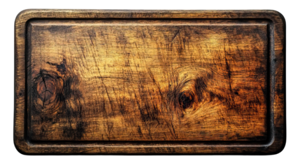 Rustic Chopping Board: An old, weathered wooden chopping board, textured with the marks of time and use, perfect for food photography and culinary themes.