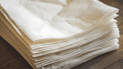 There is a neatly arranged stack of paper napkins on a wooden table