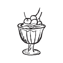 Whipped cream panna cotta dessert with cherry in glass bowl in black brush stroke texture isolated on white. Hand drawn vector sketch illustration in vintage charcoal ink. Ice cream design