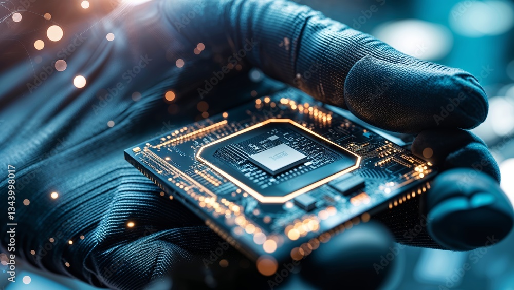 Poster close-up of a hand holding a microprocessor in a tech laboratory showcasing intricate circuit detail