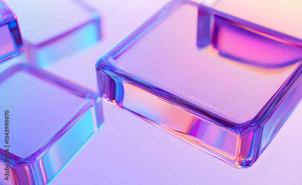 Poster 3d glass holographic transparent square plate shapes on pastel macro background. abstract geometric 
