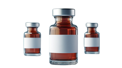 Medical Vials: A close-up shot of three transparent amber glass vials, each sealed with a metallic cap and a blank white label, presenting a medical theme with an emphasis on health and treatment.