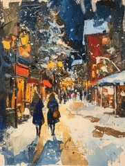 Winter street scene: snow-covered buildings, warm lights.