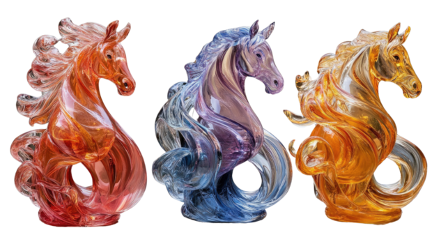 Chromatic Horses: Three majestic horse sculptures showcasing a spectrum of vibrant colors, each with a unique translucent design, create a stunning display of artistic brilliance.