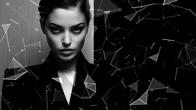 Scene from a modern commercial. The stern look of a woman. Image for an advertisement for a women's brand. Background with flying patterns. Generated AI.