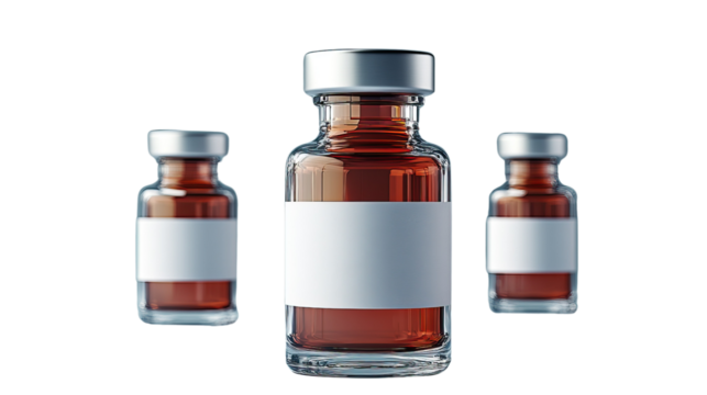 Medical Vials: A close-up shot of three transparent amber glass vials, each sealed with a metallic cap and a blank white label, presenting a medical theme with an emphasis on health and treatment.