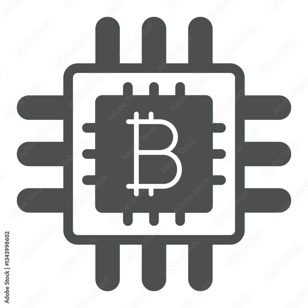 Poster bitcoin processor chip solid icon, mining data concept. vector graphics. integrated circuit microchi