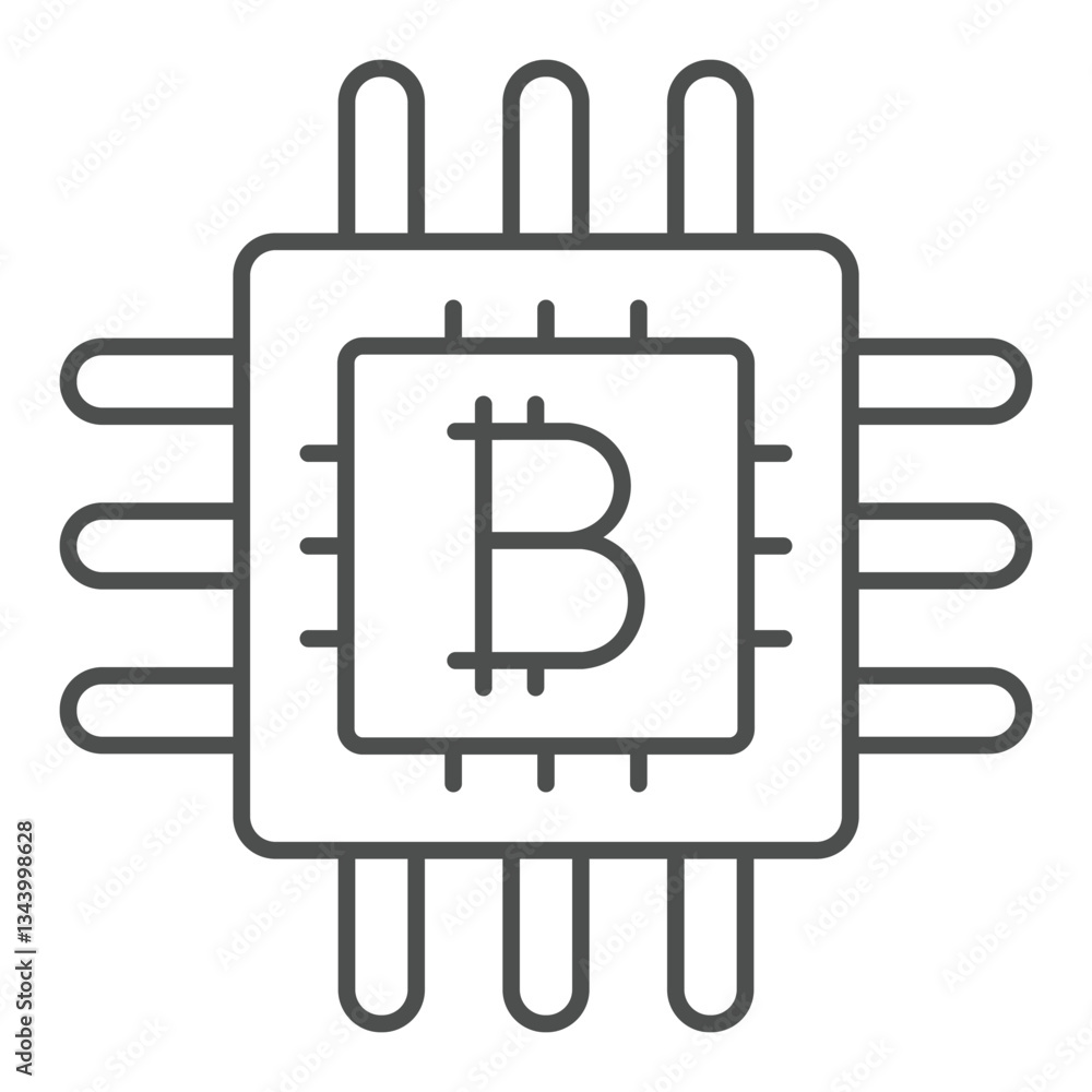 Poster bitcoin processor chip thin line icon, mining data concept. vector graphics. integrated circuit micr