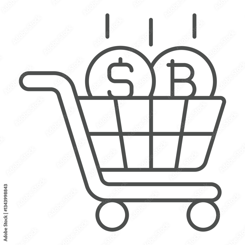 Poster shopping cart with coins thin line icon, finance concept. vector graphics. consumer trolley with dol