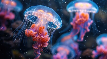 Naklejka premium A group of sea jellyfish are floating in the water with blue and purple glowing