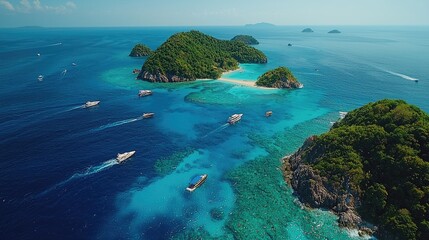 Fototapeta premium Aerial view of tropical islands with turquoise waters and boats sailing nearby
