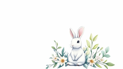 Cute white bunny sitting amidst daisies and greenery; spring, Easter card design
