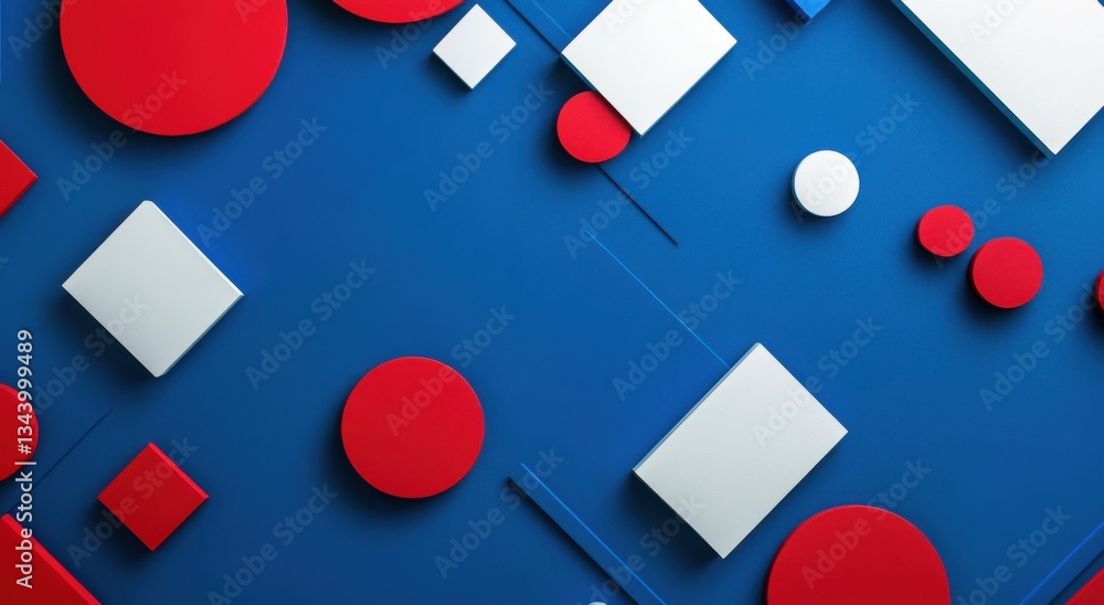 Poster Blue background with red and white geometric shapes, 3D rendering, abstract design. Abstract background with a blue background and red and white shapes. Minimalist design concept.