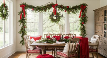 Decorated Dining Room with Garland and Red Accents for Christmas
